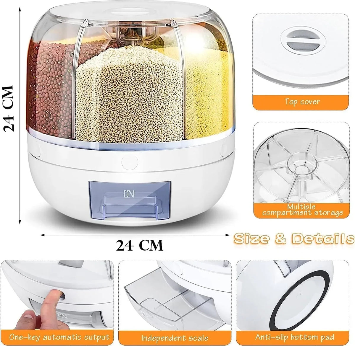 6-Grid Rotating Cereal & Grain Dispenser – Space-Saving Kitchen Storage