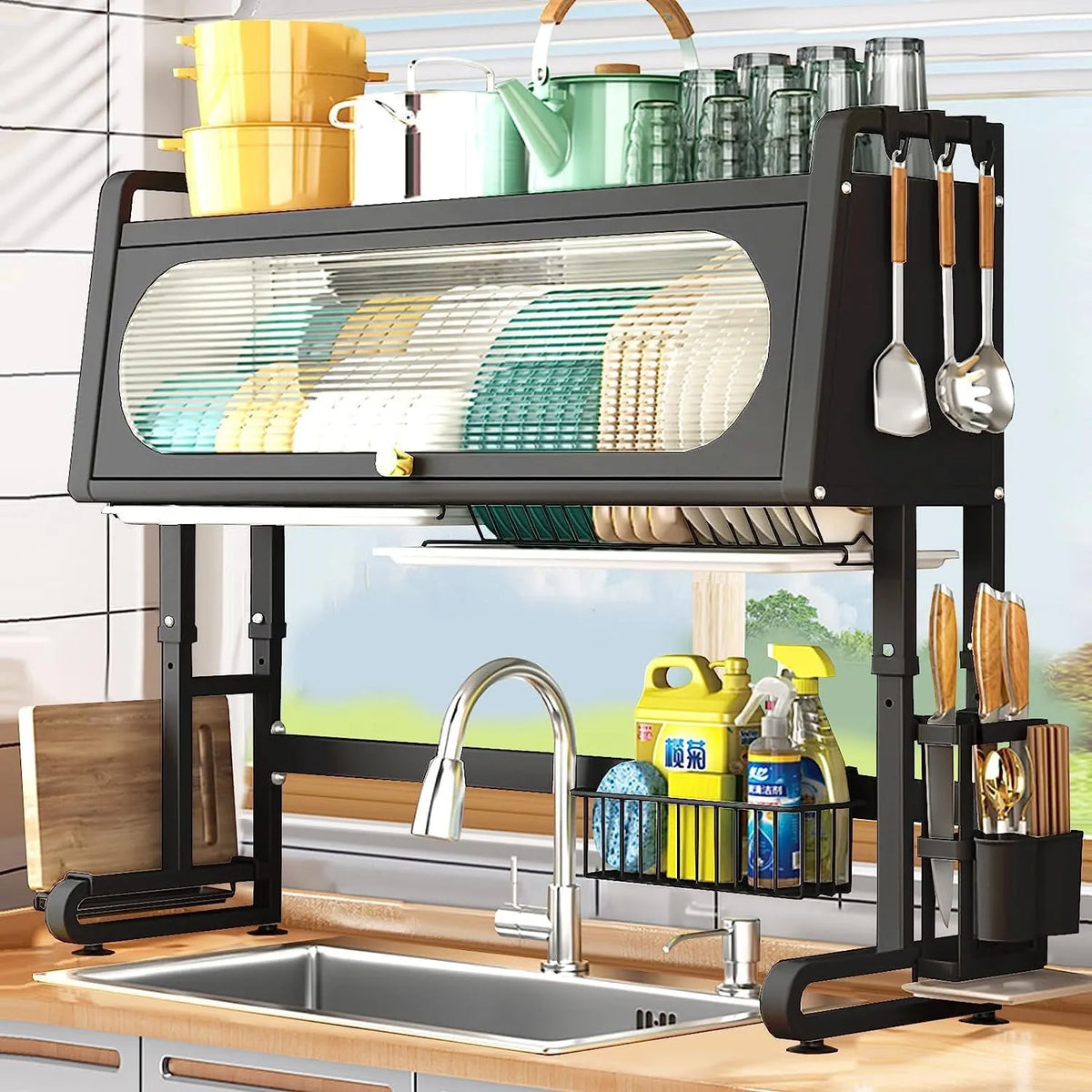 Over-the-Sink Dish Drying Rack – 86cm Storage Rack with Dust-Proof Cabinet
