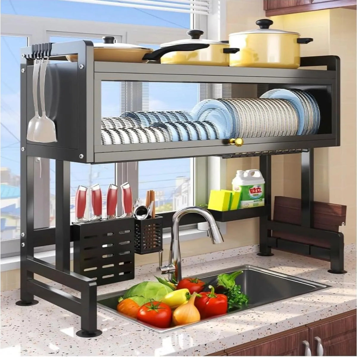 Over-the-Sink Dish Drying Rack – 86cm Storage Rack with Dust-Proof Cabinet