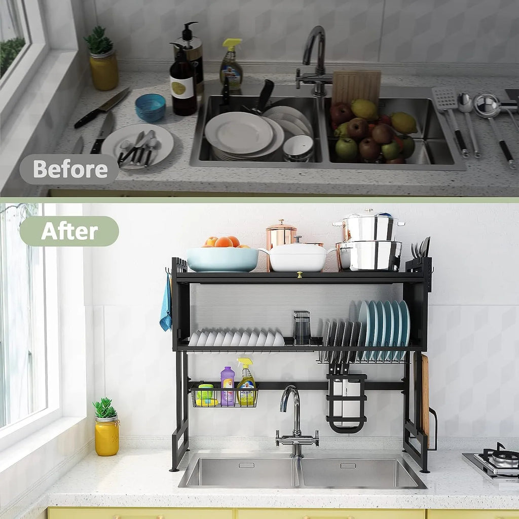 Over-the-Sink Dish Drying Rack – 86cm Storage Rack with Dust-Proof Cabinet