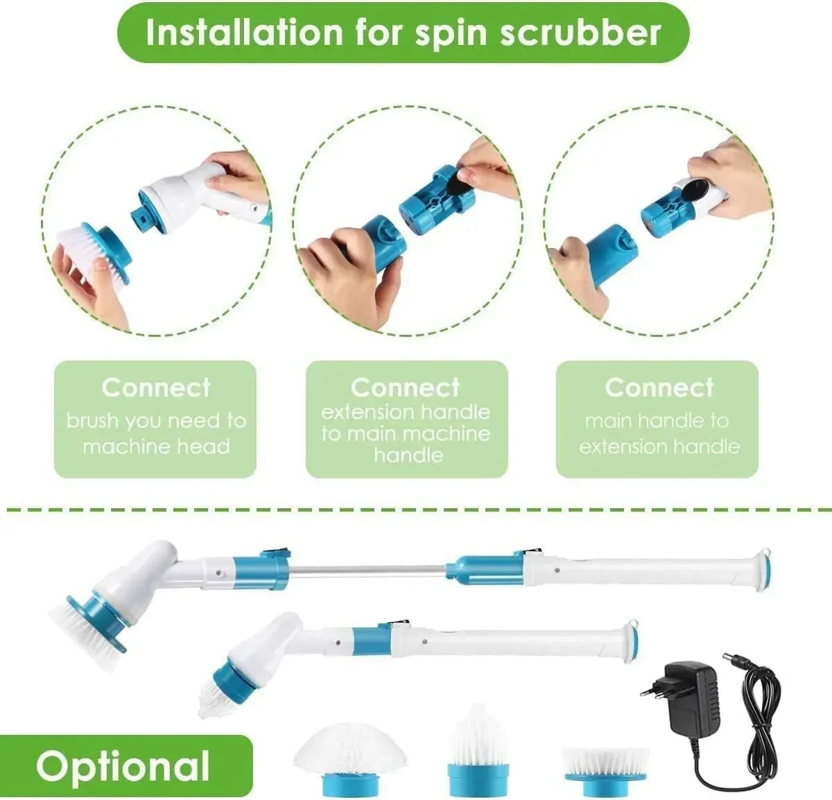 9 in 1 Electric Spin Scrubber – Cordless Power Cleaning Brush with 3 Replaceable Heads
